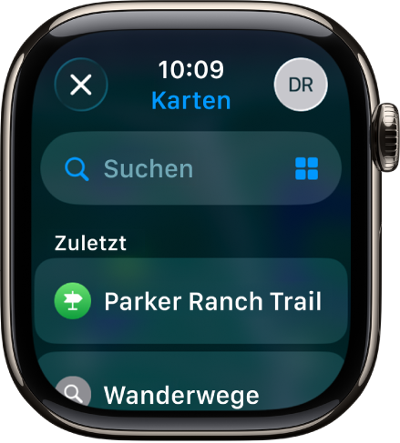 Der Bildschirm „Suchen“ in der App „Karten“ mit dem Feld „Suchen“ oben. Unten wird eine Liste mit kürzlichen Suchanfragen angezeigt.