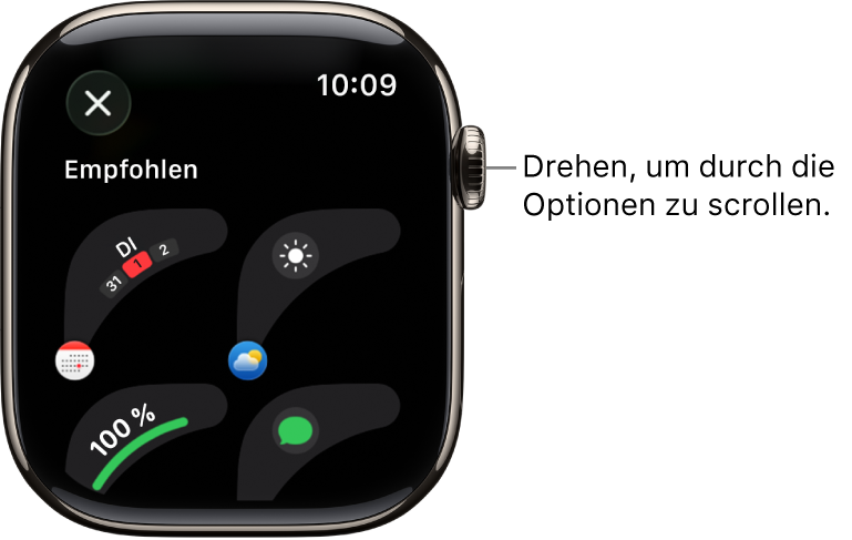 Die Anzeige zum Anpassen eines Zifferblatts mit empfohlenen Komplikationen. Drehe die Digital Crown, um dir die Komplikationen anzusehen.