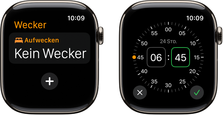 Zwei Ansichten der Uhr, die die Vorgehensweise zum Hinzufügen eines Weckers zeigen: Tippe auf „Wecker hinzufügen“, drehe die Digital Crown, um die Zeit anzupassen, und tippe auf „Stellen“.
