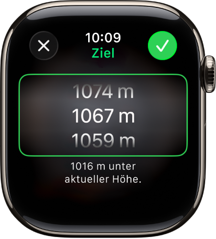 Die App „Kompass“ mit dem Bildschirm „Zielhöhe“. Eine scrollbare Liste von Höhen wird in der Mitte des Bildschirms angezeigt. Unterhalb der Liste kannst du sehen, welcher Höhenunterschied zwischen der ausgewählten Höhe und deiner aktuellen Höhe besteht. Oben befinden sich die Tasten „Schließen“ und „Stellen“.