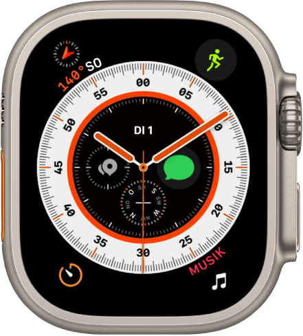 Das Zifferblatt „Wegweiser“ zeigt eine analoge Uhr mit der Komplikation „Batterie“ oben links, „Training“ oben rechts, „Timer“ unten links und „Musik“ unten rechts. Etwa in der Mitte des Zifferblatts befinden sich vier Komplikationen – „Datum“ oben, „Erde“ rechts, „Kompass“ unten und „Kompass-Wegpunkte“ links.