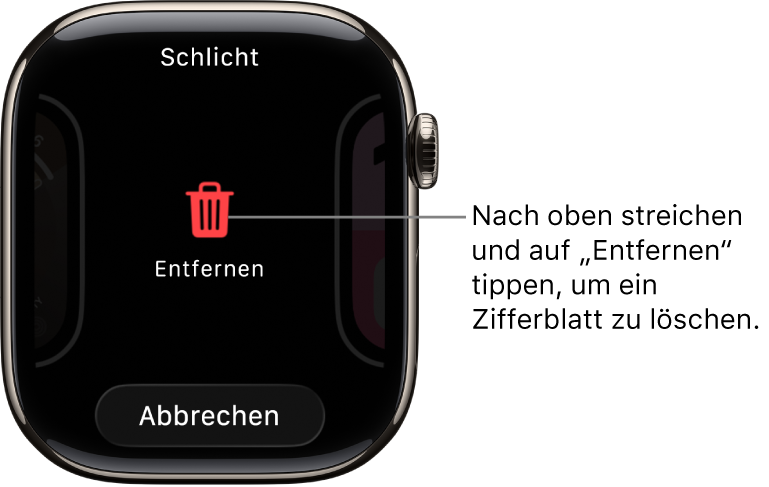 Display der Apple Watch mit den Tasten „Entfernen“ und „Abbrechen“, die angezeigt werden, wenn du zu einem Zifferblatt streichst und auf diesem nach oben streichst, um es zu löschen.