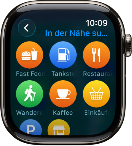 Eine Anzeige der App „Karten“ zeigt Kategorien von Orten.