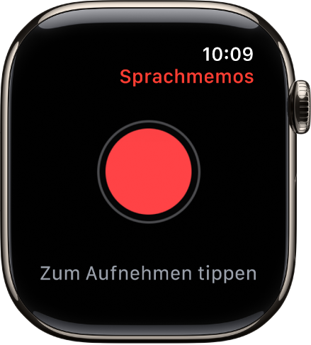Apple Watch mit der Anzeige „Sprachmemos“. Oben befindet sich eine rote Aufnahmetaste. Darunter ist ein aufgezeichnetes Sprachmemo zu sehen. Die Uhrzeit der Aufnahme und die Länge werden angezeigt.