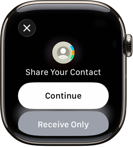 Η οθόνη NameDrop όπου εμφανίζονται δύο κουμπιά: «Συνέχεια», με το οποίο μπορείτε να λάβετε τα στοιχεία μιας επαφής και να κοινοποιήσετε τα δικά σας, και «Μόνο λήψη», με το οποίο μπορείτε μόνο να λάβετε τα στοιχεία επικοινωνίας ενός άλλου ατόμου.