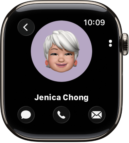The Contacts app showing a contact. The contact’s picture is in the middle of the screen with the name below. Phone, Messages, and More Options buttons appear below. A Back button is at the top left.