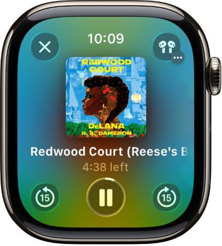 The Play screen for an audiobook. The Close button is at the top left, the More button at the top right, the skip back 15 seconds button at the bottom left, the Play/Pause button at the bottom middle, and the skip ahead 15 seconds button at the bottom right. In the middle is the book art, chapter number, and remaining time in the chapter.