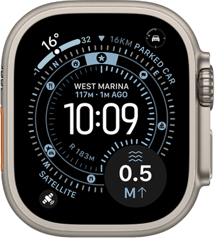 A screen showing the Waypoint watch face on Apple Watch Ultra, with the satellite complication in the bottom-right corner.