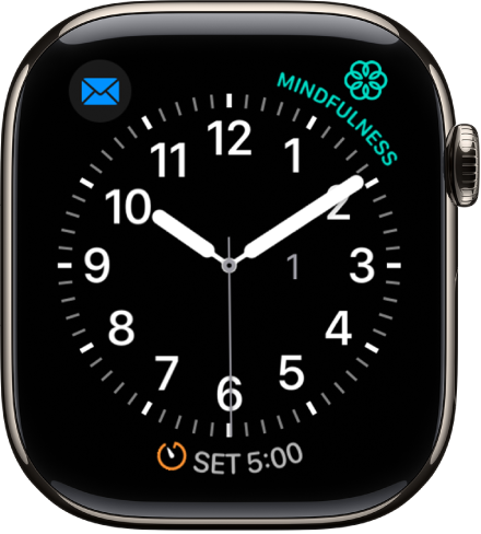 The Utility watch face, where you can adjust the color of the second hand and adjust the numbering and detail of the dial. Three complications appear: Music at the top left, Mindfulness at the top right, and Workout at the bottom.