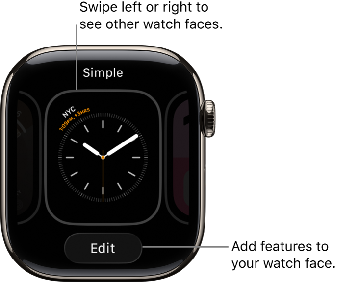 A watch face showing the Share and Edit buttons, which appear after you touch and hold the watch face. The name of the watch face is at the top. Swipe left or right to see other watch face options. Tap a complication to add the features you want.