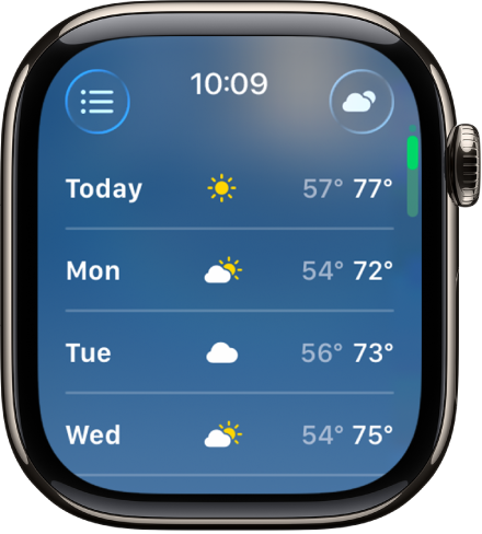 The 10-day forecast screen, showing 4 days of estimated low and high temperatures.