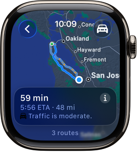The Maps app showing an overview of driving directions. The first leg of the trip is shown at the bottom.