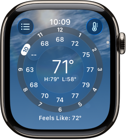 The Weather app showing the hourly temperature forecast.