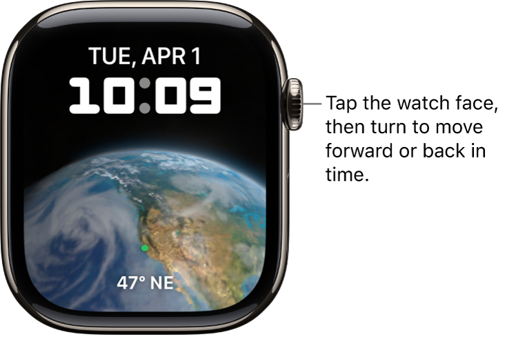 The Astronomy watch face, which displays the day, date, and current time. A timer complication is at the bottom. Tap the watch face, then turn the Digital Crown to move forward or back in time.