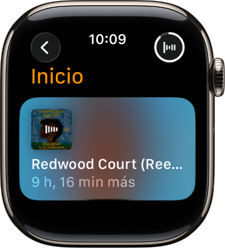 Una pantalla de Audiolibros que muestra el libro que se está reproduciendo actualmente, con el título y el tiempo restante. El botón Ahora suena está en la esquina superior derecha.