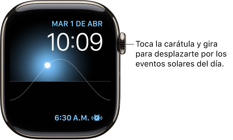 La carátula Gráfica solar, que muestra el día, la fecha y la hora actuales (y que no puedes modificar). Aparece la complicación Temporizador en la parte inferior derecha. Toca la carátula y gira la Digital Crown para mover el sol en el cielo a las posiciones de anochecer, amanecer, cenit, atardecer u oscuridad.