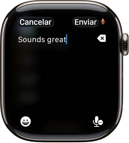La pantalla del campo de texto muestra un mensaje creado con dictado. Los botones Emoji y Dictado se encuentran en la parte inferior de la pantalla.