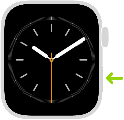 Ilustración del Apple Watch con una flecha apuntando al botón lateral en la parte inferior derecha.