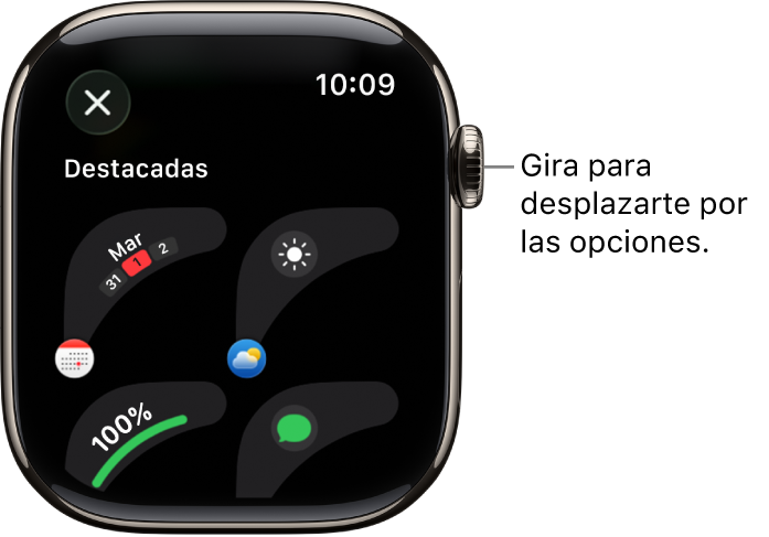 La pantalla personalizada de una carátula mostrando complicaciones destacadas. Gira la corona Digital Crown para explorar las complicaciones.