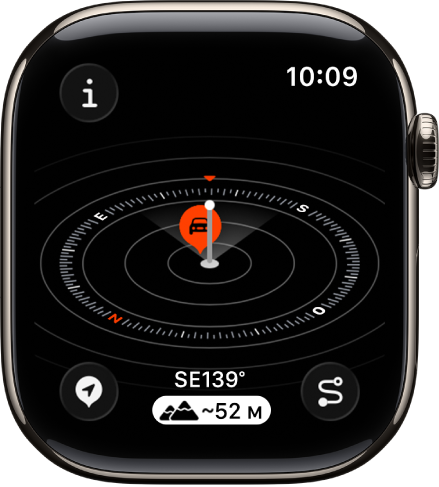 La app Brújula mostrando la visualización Altitud. Un punto de referencia en un dial inclinado. Un poste blanco indica la altitud actual, que es mayor que los otros puntos de referencia en el dial. El botón Información está en la esquina superior izquierda, el botón Puntos de referencia está en la esquina inferior izquierda, el botón Altitud está en la parte inferior central y el botón Retornar está en la esquina inferior derecha.