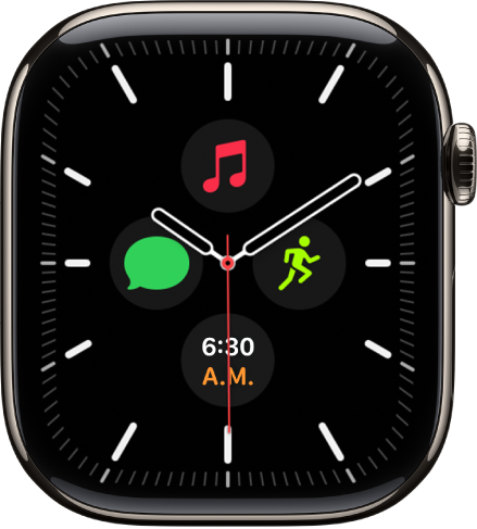 La carátula Meridiano, donde puedes ajustar el color de la carátula y los detalles de la misma. Muestra cuatro complicaciones dentro de una carátula analógica: Fecha en la parte superior, Traducir en la parte derecha, Mensajes en la parte inferior y Entrenamiento en la parte izquierda.