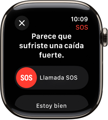 La pantalla Detección de caídas mostrando el regulador de SOS para iniciar una llamada de emergencia.