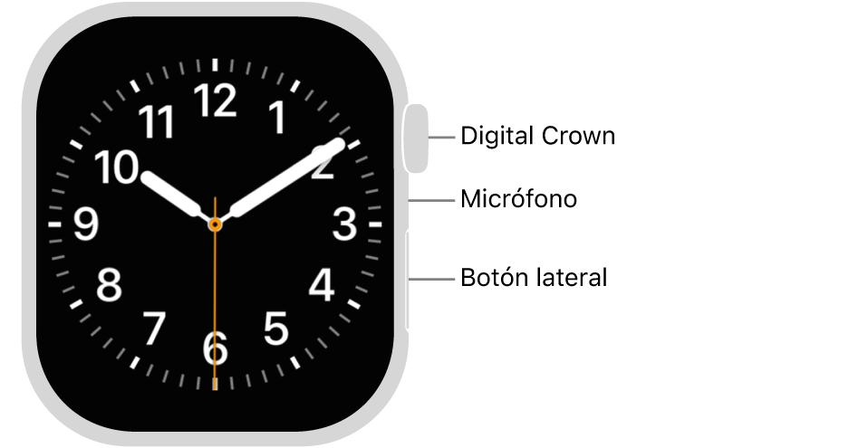 En el frente del Apple Watch Series 11 se muestra la pantalla con la carátula y, en orden descendente en un lado del reloj, se ven la Digital Crown, el micrófono y el botón lateral.