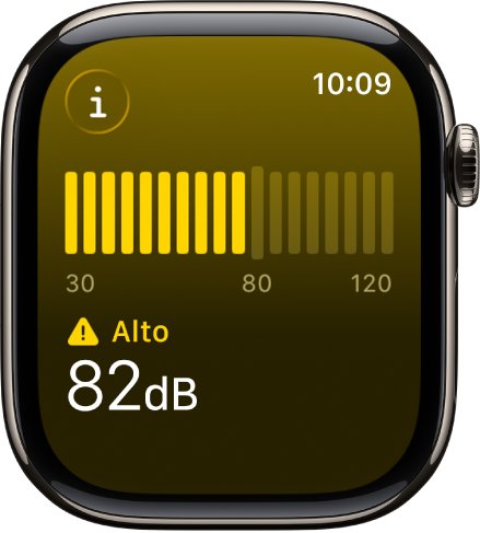La app Ruido mostrando un medidor de sonido y un nivel de sonido de 89 dB con la palabra Alto arriba.