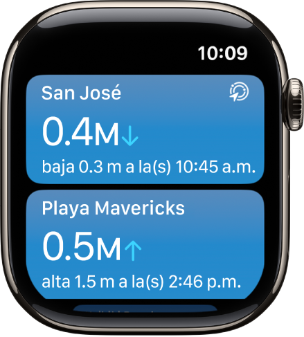 Una pantalla de la app Mareas mostrando una lista de ubicaciones con información sobre la marea.