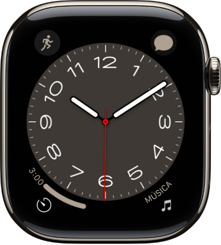 La carátula Metropolitana, en la que puedes girar la Digital Crown para cambiar el aspecto de cada tipo. Muestra cuatro complicaciones: Entrenamiento en la esquina superior izquierda, Música en la esquina superior derecha, Temporizador en la esquina inferior izquierda y la fecha en la esquina inferior derecha.