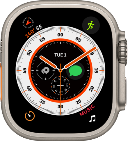La esfera Guía, que muestra un reloj analógico y con la complicación Batería arriba a la izquierda, Entreno arriba a la derecha, Temporizadores abajo a la izquierda y Música abajo a la derecha. Cerca de la mitad de la esfera, hay cuatro complicaciones: Fecha arriba, Tierra a la derecha, Brújula abajo y “Puntos de referencia de la brújula” a la izquierda.