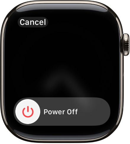 La pantalla del Apple Watch, con el regulador de apagado. Arrastra el regulador Apagar para apagar el Apple Watch.