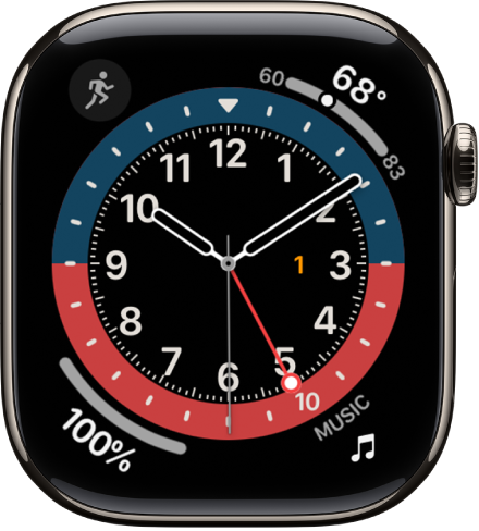 Le cadran UTC duquel vous pouvez ajuster la couleur. Il comporte quatre complications : Exercice en haut à gauche, Traduire en haut à droite, Messages en bas à gauche et Musique en bas à droite.