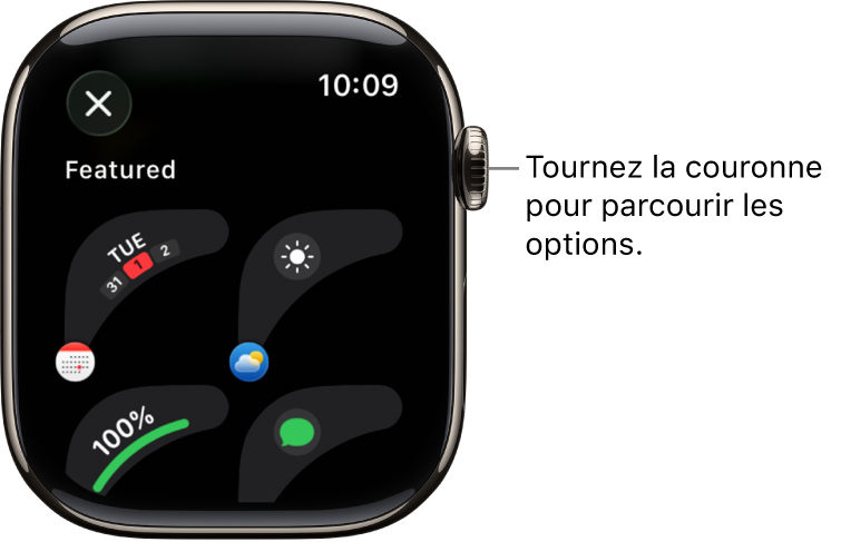 L’écran de personnalisation d’un cadran qui affiche les complications en vedette. Tournez la Digital Crown pour parcourir les complications.