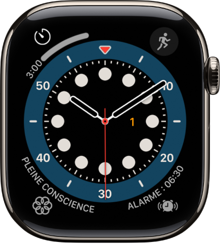 Le cadran Chronométrie. Il affiche quatre complications : Exercice en haut à gauche, Messages en haut à droite, Pleine conscience en bas à gauche et Musique en bas à droite.