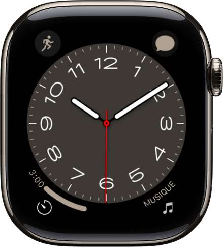 Le cadran Mégalopole. Il est possible de faire tourner la Digital Crown pour modifier l’apparence des chiffres. Le cadran affiche quatre complications : Exercice en haut à gauche, Musique en haut à droite, Minuteur en bas à gauche et la date en bas à droite.