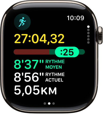 L’app Exercice sur l’Apple Watch affichant la vue Rythme dans un exercice de course en plein air. La durée de la course se trouve en haut. En dessous se trouve un curseur indiquant votre avance ou votre retard par rapport à votre rythme. Le rythme moyen, le rythme actuel et la distance se trouvent en dessous.
