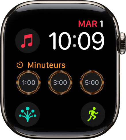 Cadran Modulaire avec l’heure et la date en haut à droite, ainsi que six complications : Terre en haut à gauche, Minuteurs au milieu, et Exercice, Boussole et État d’esprit en bas.