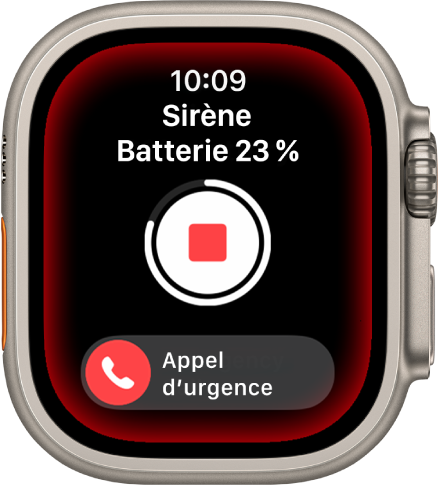 Compte à rebours de l’alarme. En haut figure la charge de la batterie, au milieu, un bouton Lecture et en bas, le curseur « Appel d’urgence ».