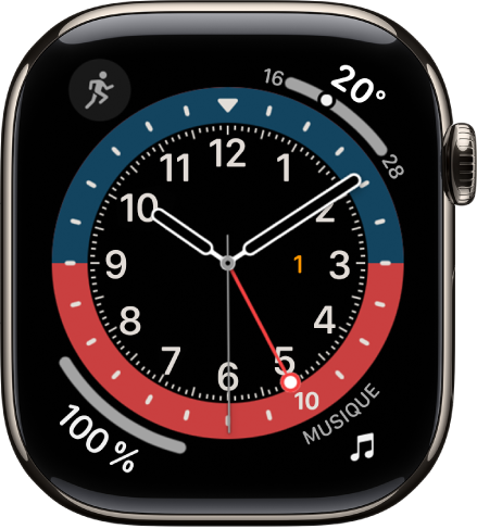 Cadran GMT, sur lequel vous pouvez ajuster la couleur. Il affiche quatre complications : Exercice en haut à gauche, Traduire en haut à droite, Messages en bas à gauche et Musique en bas à droite.