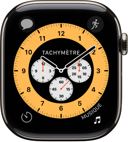 Cadran Chronographe Pro, sur lequel vous pouvez ajuster la couleur et les détails du cadran. Il affiche quatre complications : Messages en haut à gauche, Exercice en haut à droite, Minuteurs en bas à gauche et Musique en bas à droite.