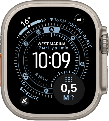 Écran affichant le cadran Point de repère sur l’Apple Watch Ultra, avec la complication satellite dans l’angle inférieur droit.