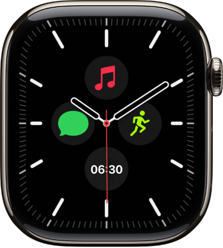 Cadran Méridien, sur lequel vous pouvez ajuster la couleur et les détails du cadran. Il affiche quatre complications au sein d’un cadran de montre : Date en haut, Traduire à droite, Messages en bas et Exercice à gauche.
