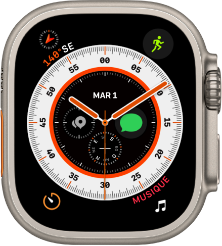 Le cadran Orientation affichant une horloge analogique, avec la complication Batterie en haut à gauche, Exercice en haut à droite, Minuteurs en bas à gauche et Musique en bas à droite. Quatre complications se trouvent au milieu du cadran : Date en haut, Terre à droite, Boussole en bas et Points de repère Boussole à gauche.