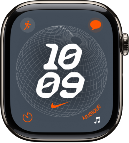 Le cadran Nike Globe avec une horloge numérique au milieu et quatre complications : Exercice en haut à gauche, Messages en haut à droite, Minuteur en bas à gauche et Musique en bas à droite.