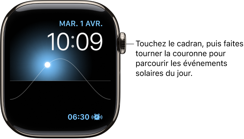 Le cadran Graphique solaire affichant le jour, la date et l’heure. Ces trois options ne peuvent pas être modifiées. Une complication Minuteur apparaît en bas à droite. Touchez le cadran, puis faites tourner la Digital Crown pour voir le crépuscule, l’aube, le soleil à son zénith ou se coucher, puis la nuit.