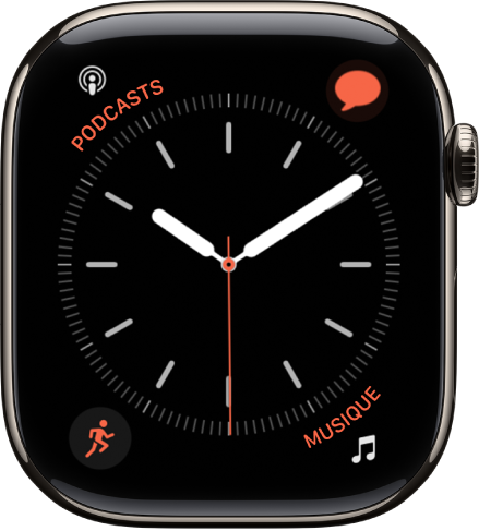 Cadran Simple, sur lequel vous pouvez ajuster la couleur de la trotteuse, la numérotation et les détails du cadran. Quatre complications sont affichées : Podcasts en haut à gauche, Messages en haut à droite, Exercice en bas à gauche et Musique en bas à droite.