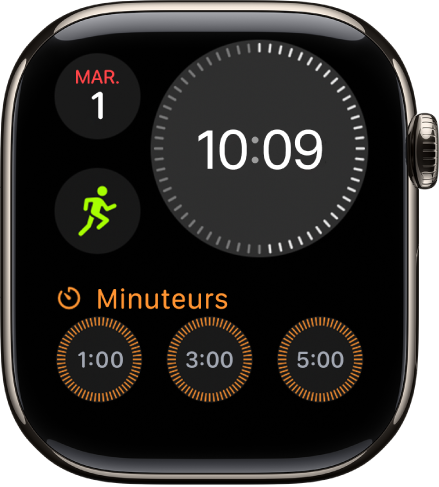 Le cadran Modulaire compact avec une horloge numérique en haut à droite, le jour et la date en haut à gauche, ainsi que deux complications : Exercice au milieu à gauche et État d’esprit en bas.