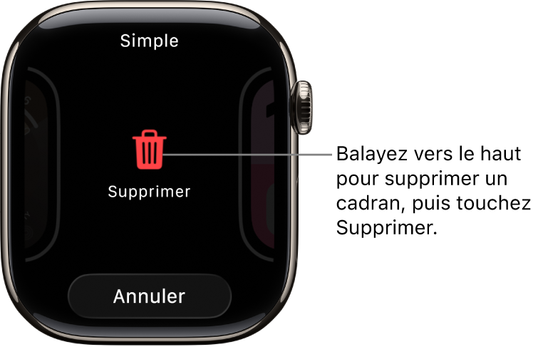 Écran de l’Apple Watch montrant les boutons Supprimer et Annuler, qui apparaissent lorsque vous atteignez un cadran, puis le balayez vers le haut pour le supprimer.