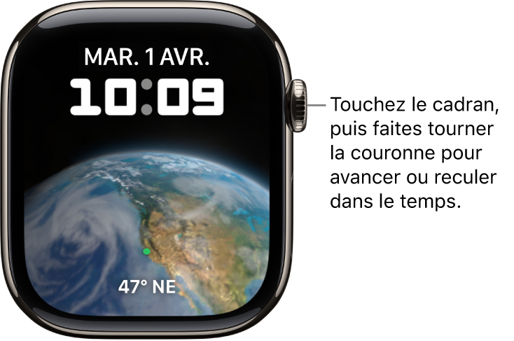Cadran Astronomie, qui montre le jour, la date et l’heure. Une complication de minuteur se trouve en bas. Touchez le cadran, puis faites tourner la Digital Crown pour avancer ou reculer dans le temps.